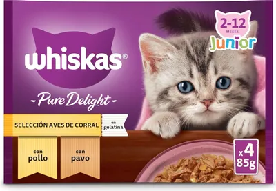 Produktbild von Whiskas Pure Delight Halten Sie Delikatessen Junior Nassfutter für Katzen 13 x 4 x 85g (52 Beutel insgesamt)