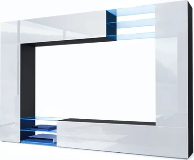 Produktbild von Vladon Wohnwand Mirage,  Germany, Anbauwand mit Rückwand mit 2 Türen, 2 Klappen und 6 offenen Glasablagen, Schwarz matt/Weiß Hochglanz, inkl. LED-Beleuchtung (262 x 183 x 39 cm)