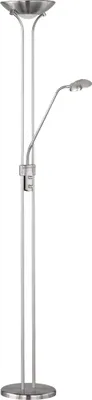 A silver floor lamp with two lights, one larger and one smaller adjustable light.