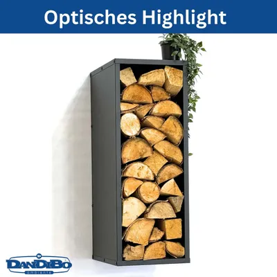 A black metal firewood rack filled with logs, mounted on a white wall with a plant on top.