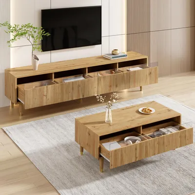Produktbild von MODFU TV-Schrank und Couchtisch Set mit LED-Beleuchtung, Holzfarbe Fernsehbank mit 4 Türen und 2 Schubladen,Wohnzimmer-Set mit Wellenstruktur