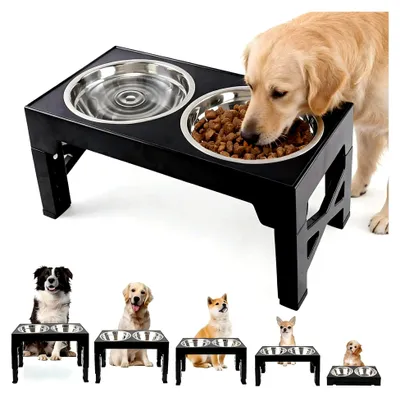 Produktbild von Erhöhter Hundenapf mit 5 Höhenverstellbaren Ständern und 2 Edelstahl Näpfen für große, mittlere und kleine Hunde und Katzen in Schwarz