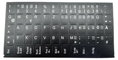 A close-up, top-down view of a black keyboard sticker sheet with German characters.