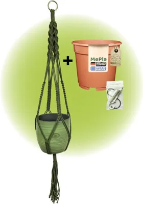 Produktbild von MePla - Set - Ampel Makramee Naturgrün - Bergamo ø16 Blattgrün + Kulturtopf ø15 + Beipack-Set 21550-001