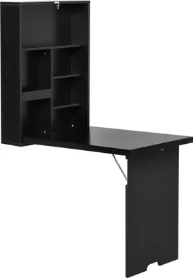 A black wall-mounted folding desk with shelves.