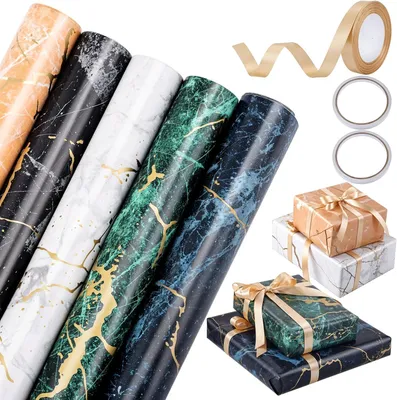 Productafbeelding van Cadeaupapierset 5 Rollen, Marmerlook, 43 cm x 3 m, voor Verjaardag, Kerst, Bruiloft