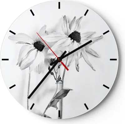 Produktbild von Wanduhr - Rund - Glasuhr - Verwelkt Blumen Monochrom - 30x30cm - Schleichendes Uhrwerk - Lautlos - zum Aufhängen bereit - Dekoration Modern - Wanddekoration aus Glas - C3AR30x30-4737