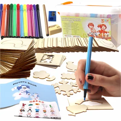 A collage of art supplies for children, including markers, wooden templates, a pencil sharpener, and a picture book.