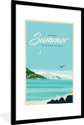 Produktbild von MuchoWow® MuchoWow® Gerahmtes Poster Vintage-Illustration Urlaub am Meer 60x90 cm - Poster mit zchwarzem Bilderrahmen - Dekoration - Wandposter Wohnzimmer - Hochwertig