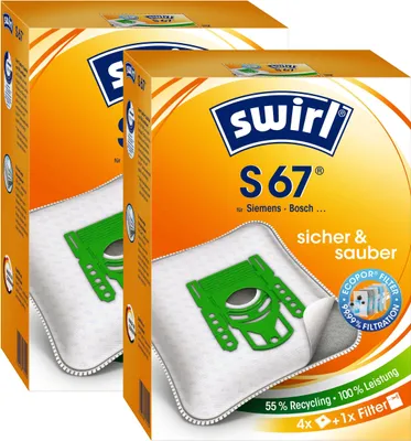 Two boxes of Swirl S 67 vacuum cleaner bags are shown, with one box slightly in front of the other.