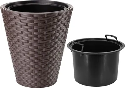 Produktbild von Blumenübertopf mit herausnehmbarem Einsatz im stillvollen Rattanmuster, für draußen und innen, frostbeständig, Durchmesser: 29,7 cm | Höhe: 32,6 cm, braun