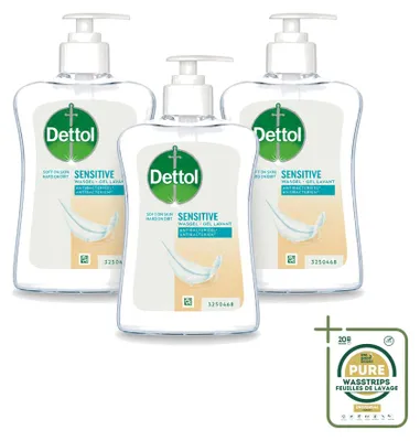 Obrázek produktu pro 3 kusy dezinfekčního mýdla Dettol pro citlivou pokožku – jemné a pečující – 250 ml – balení