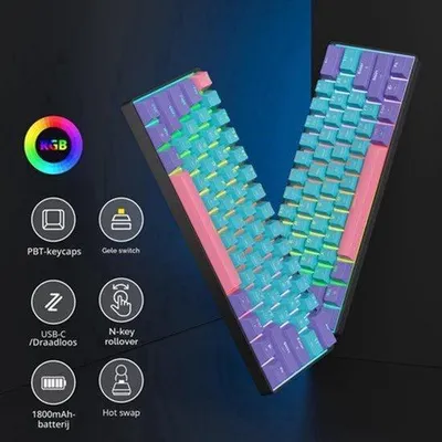 Productafbeelding van Gaming toetsenbord 60% draadloos, 60% Bluetooth, mechanisch toetsenbord, draadloos, RGB-achtergrondverlichting, Amerikaanse QWERTY lay-out voor pc, Mac gamer