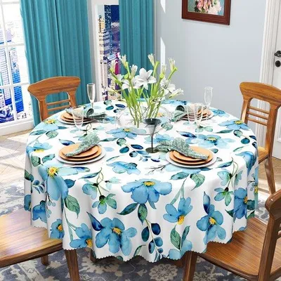 Image de Nappe ronde en polyester, 150 cm, lavable, motif floral bleu, nappe de jardin à fleurs, imperméable, pour table de cuisine, table de jardin, table à manger, ambiance festive