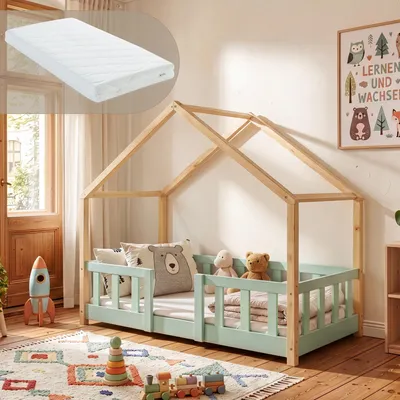 Produktbild von Kinderbett 'Treviolo' mit Matratze und Rausfallschutz 70x140cm Mintgrün / Natur