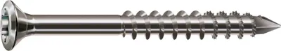 A single silver screw on a white background.