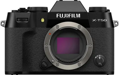 A front view of a black Fujifilm X-T50 camera body against a white background.