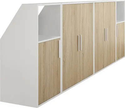 Produktbild von Schräger 6-türiger Kleiderschrank mit 2 Nischen - Weiß und naturfarben - ADEZIO