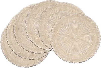 Produktbild von Famanu Set von 6 beigen runden, geflochtenen Platzdeckchen - abwaschbar und hitzebeständig - 38 cm