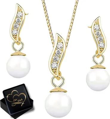 Produktbild von Süsswasser Perlen Set 925 Silber Gold 50cm Halskette mit Ohrstecker Anhänger für Damen Ohrringe Schmuckset K878+V11