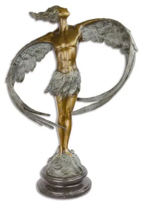 Produktbild von Casa Padrino Luxus Bronze Skulptur Mann mit Flügeln Bronze / Grau / Schwarz 52 x 24,1 x H. 77,6 cm - Bronzefigur mit Marmor Sockel
