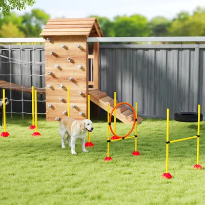 Produktbild von Hunde Agility Set 3-teilig, Steckhürde Sprungring Slalomstangen befüllbar, PE-Kunststoff, Gelb+Orange | 124 x 19,5 x 103 cm | 4 kg | mit Tragetasche