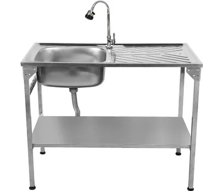 Produktbild von monster-shop, Spültisch Edelstahl, Faltbar, Höhenverstellbar, Freistehend, inkl. Wasserhahn, Große Abtropffläche, Schneidebrett & Hakenzubehör, Silber, Camping