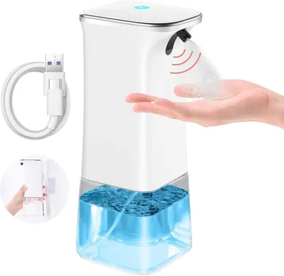 Obrázek produktu pro Automatický dávkovač dezinfekce, 【dvojité dotykové ovládání】 USB dávkovač dezinfekčního prostředku o objemu 350 ml, dávkovač mýdla a dezinfekce s senzorem, vhodný do kuchyně, kanceláře, nemocnice – bílý