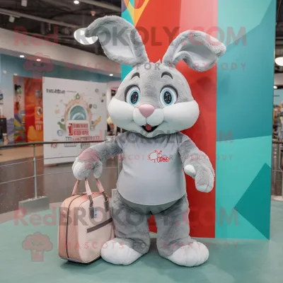 Produktbild von Grauer REDBROKOLY Hase Maskottchen Kostüm charakter bekleidet mit einem Tanktop und Tragetaschen