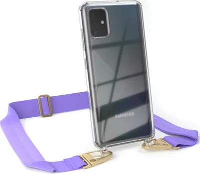 Produktbild von EAZY CASE - Hülle mit Band für Samsung Galaxy A51, Handyhülle mit Umhängeband, Silikonhülle transparent, Handykette in Violett