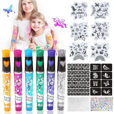 Produktbild von Glitzer Tattoo Stifte Kinder Set 6 Stück mit Schablonen und Gesichts-Edelsteinen für Partys und Verkleiden