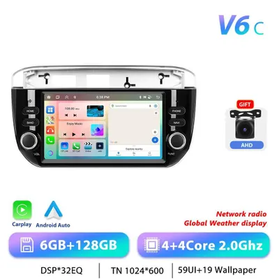 Obrázek produktu pro Pro Fiat Punto 2013 – autorádio Android 2-DIN – dotykový displej 17,8 cm – Android 13 – 6 GB + 128 GB, 2,0 GHz – GPS, Wi-Fi – RDS, ovládání na volantu