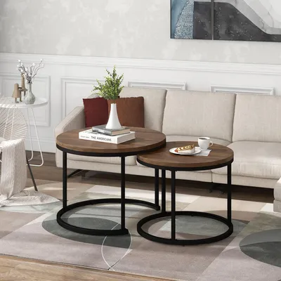 Immagine prodotto di MODFU, set di 2 tavolini da caffè impilabili, forma rotonda, tavolino da divano, colore naturale