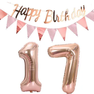 Produktbild von Geburtstagsdeko Set 17. Geburtstag Rosegold mit 40" Zahlenballon und Girlande