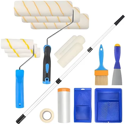 Produktbild von PolkaHome® 18-teiliges Farbrollerset mit Teleskopstange, Farbwannen, Schaumstoffrollen und Zubehör für professionelle Malerarbeiten