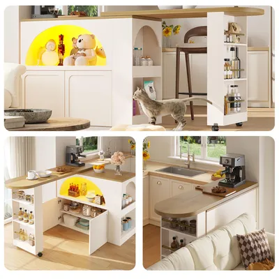 Produktbild von Ausziehbarer Bartisch mit Stauraum, 135–205 cm, 39 cm breit, weißer Bartisch als Kücheninsel aus MDF mit LED-Beleuchtung und Rollen