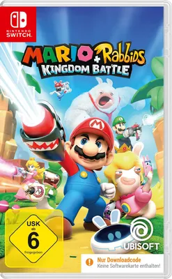 The cover art for the Nintendo Switch game Mario & Rabbids Kingdom Battle, featuring characters from both franchises.