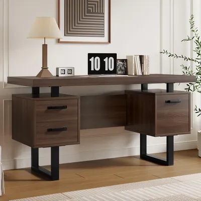 Image de Bureau Merax 135x54 cm - aspect noyer, table de travail avec 2 tiroirs et compartiment à classeurs, table de bureau en MDF avec cadre en acier noir pour le bureau à domicile
