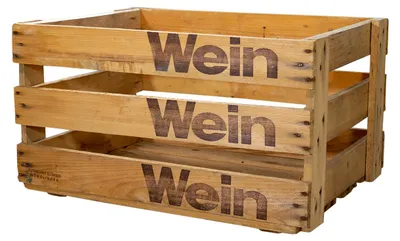Produktbild von Alte Holz Weinkiste mit Aufdruck WEIN WEIN WEIN, hell-dunkel, unbehandelt, 50x35x28cm