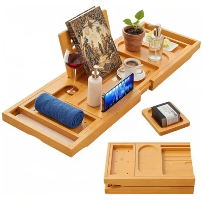 Image de Solidchoice - Baignoire pliante en bambou avec supports multifonctionnels