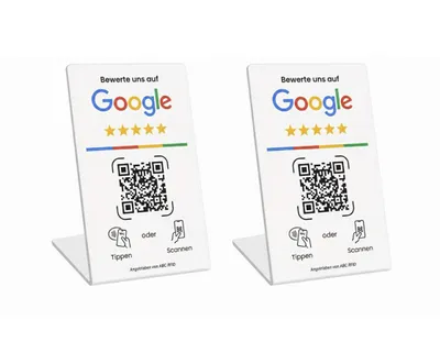 Produktbild von Google Bewertungs Aufsteller 2er Set mit QR Code - Review Stand - NFC Tischaufsteller für Restaurant, Friseur, Arzt, Hotel & Unternehmen (Weiß)
