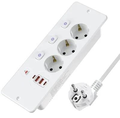 Obrázok produktu pre Stolová zásuvka 3-fach - Zabudovaná zásuvková lišta s 4 USB - USB C (PD 20 W) - 2 m kábel - Prepínateľná - Biela - Zásuvková lišta