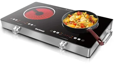 Image de Plaque de cuisson en céramique - Table de cuisson double indépendante KNC-PF6021SGB - 2 zones de cuisson - 3200 W - 9 niveaux de puissance - Commandes rotatives - Verrouillage de sécurité - Noir
