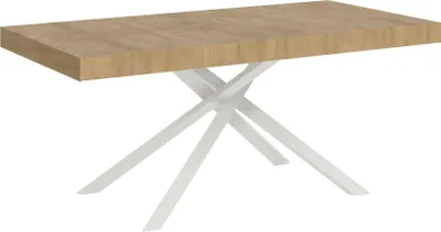A table with a wooden top and white criss-cross legs, isolated on a white background.