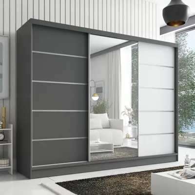 Produktbild von Schwebetürenschrank, 3-türig Schrank 200 cm mit Spiegel ARIVA 1 (Graphit/ Weiß / Graphit)