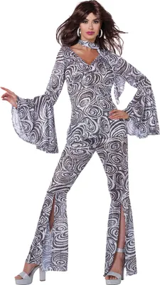 A woman modeling a disco costume.