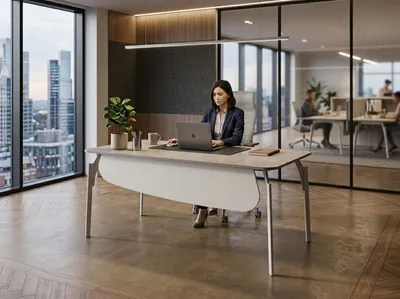 Productafbeelding van Bureau zonder lades. Beige, modern bureau met metalen frame