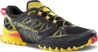 La Sportiva Bushido III Trailrunning-Schuh für Herren in Schwarz und Gelb mit rotem Akzent.