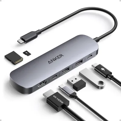 Zdjęcie produktu dla Stacja dokująca 7w1 Anker Nano 100W 2xUSB-C, 2xUSB, 1xHDMI, gniazdo SD/microSD, szara