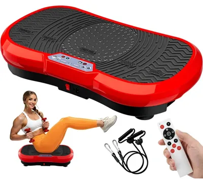 Image de Platine vibrante – Appareil d'entraînement à utiliser debout – Moteur silencieux de 200 W – 120 niveaux – 10 programmes – Télécommande – Bandes de résistance – Écran LED – Rouge et noir